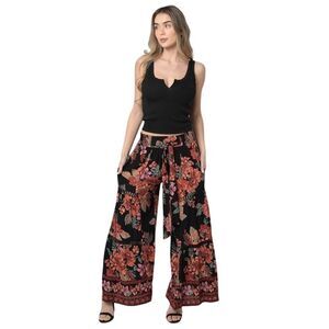 Angie Floral Boho Wide-Leg Palazzo Pants Hippie S Hobo Eyelet Lace Inserts
